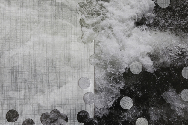 Black and white collaged photographs depicting crashing waves with circle cut outs and layering