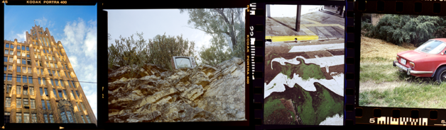 A photograph of a colour film strip with four separate images