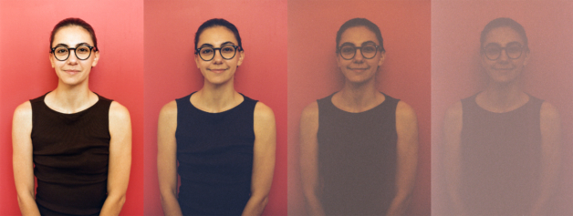 Multiple photographs of a girl standing in front of a red wall, each photograph gets darker and grainier to show different aperture exposures.