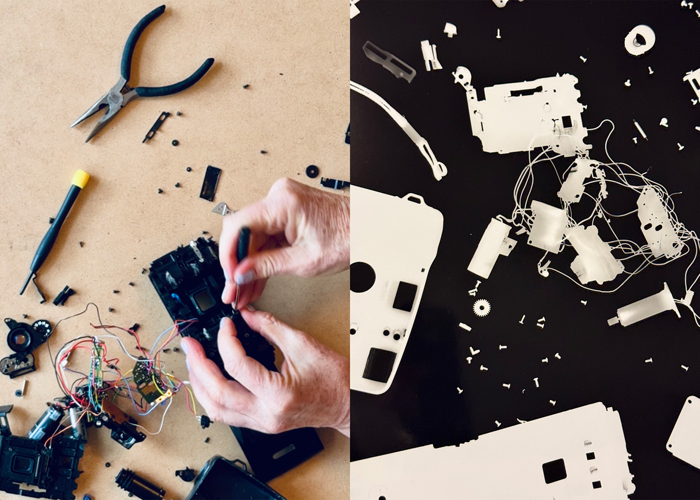 An image with one half showing hands opening up a camera, the other half is a black and white photogram image with the camera parts splayed